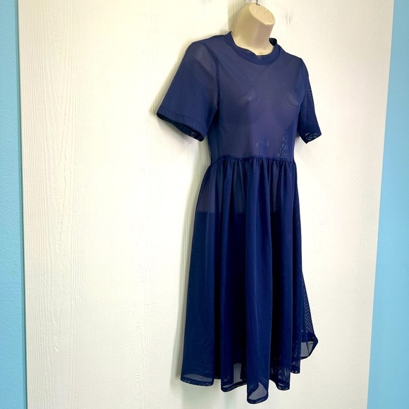H&M - Dark Blue Crewneck Mesh Short Sleeve See Thru Midi Dress Size 2 - Picture 4 of 9